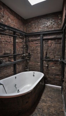 indoors,water,no humans,window,scenery,door,candle,bath,wall,bathroom,brick wall,bathtub,sink,faucet,solo,bottle,reflection,mirror,stool,industrial pipe