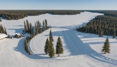 outdoors,multiple boys,sky,day,water,tree,no humans,shadow,nature,scenery,snow,forest,mountain,winter,footprints,pine tree,blue sky,road,river,landscape,lake,path