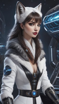 1girl,solo,long hair,breasts,looking at viewer,bangs,brown hair,gloves,animal ears,cleavage,brown eyes,jewelry,medium breasts,upper body,earrings,parted lips,belt,cat ears,hood,lips,coat,fur trim,makeup,fake animal ears,lipstick,science fiction,realistic,nose,white coat,winter clothes,red lips,jacket,artist name