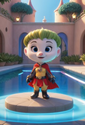 1girl,solo,looking at viewer,smile,short hair,blue eyes,blonde hair,gloves,1boy,standing,full body,male focus,boots,outdoors,black gloves,belt,artist name,water,chibi,cape,tree,bodysuit,building,red cape,fountain,open mouth,sky,plant,superhero