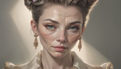 1girl,solo,looking at viewer,short hair,blue eyes,blonde hair,brown hair,hair ornament,jewelry,closed mouth,green eyes,earrings,hair bun,lips,grey eyes,eyelashes,double bun,portrait,freckles,realistic,nose,makeup,scar,single hair bun,gem,scar on face,close-up,scar across eye,mascara