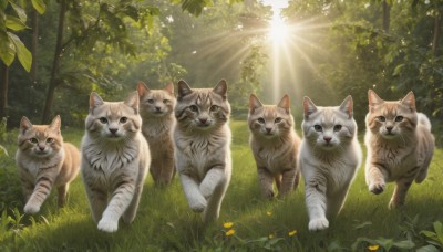 looking at viewer,outdoors,day,tree,no humans,animal,leaf,sunlight,cat,grass,plant,nature,scenery,forest,light rays,realistic,animal focus,tiger,flower,signature,bug,grey fur