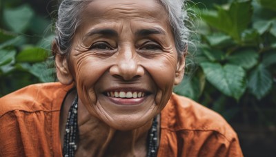 solo,looking at viewer,smile,open mouth,shirt,1boy,white hair,grey hair,male focus,teeth,necklace,grin,blurry,black eyes,blurry background,leaf,plant,portrait,realistic,old,orange shirt,old man,old woman,wrinkled skin,jacket,upper body,depth of field,half-closed eyes,zipper,evil smile,orange jacket