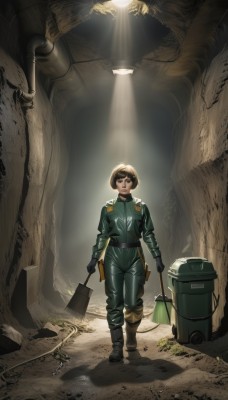 1girl,solo,breasts,looking at viewer,short hair,brown hair,black hair,gloves,holding,brown eyes,standing,full body,weapon,boots,black gloves,belt,uniform,lips,military,bodysuit,sunlight,helmet,walking,science fiction,realistic,shovel,cave,jacket,black footwear,black eyes,tree,black belt,green jacket,pilot suit,cable,jumpsuit,green bodysuit