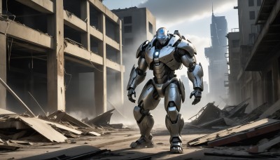 HQ,solo,1boy,standing,outdoors,sky,cloud,armor,no humans,robot,building,mecha,science fiction,city,realistic,ruins,open hands,power armor,rubble,glowing,glowing eyes,dust