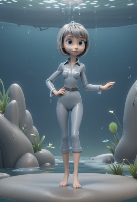 1girl,solo,looking at viewer,smile,short hair,blue eyes,standing,full body,white hair,grey hair,barefoot,belt,pants,water,lips,hand on hip,grey eyes,bodysuit,fish,bubble,rock,underwater,air bubble,jumpsuit,submerged,turtle,seaweed,breasts,black eyes,thigh gap,aquarium