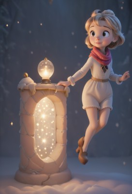 1girl,solo,smile,short hair,blonde hair,brown hair,long sleeves,dress,brown eyes,closed mouth,standing,full body,outdoors,shoes,shorts,belt,scarf,blurry,high heels,lips,fur trim,night,glowing,brown footwear,child,christmas,snow,red scarf,snowing,coat,aged down,winter clothes,winter,snowman