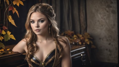 1girl,solo,long hair,breasts,looking at viewer,blue eyes,blonde hair,brown hair,dress,cleavage,bare shoulders,jewelry,medium breasts,sitting,collarbone,upper body,braid,earrings,indoors,mole,blurry,lips,grey eyes,makeup,leaf,wavy hair,chair,curly hair,mole on breast,realistic,nose,parted lips,artist name,strapless,blurry background,forehead,freckles,branch,red lips,autumn leaves,gold