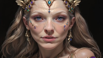 1girl,solo,long hair,looking at viewer,blue eyes,blonde hair,simple background,brown hair,hair ornament,jewelry,earrings,parted lips,teeth,necklace,lips,eyelashes,makeup,black background,gem,portrait,close-up,realistic,nose,freckles