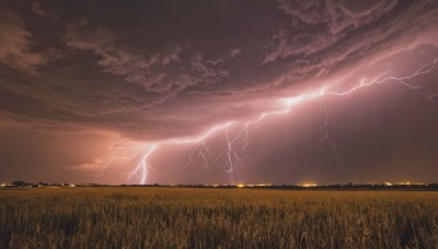 outdoors,sky,cloud,no humans,cloudy sky,grass,scenery,sunset,silhouette,electricity,field,lightning,red sky,night,horizon,landscape