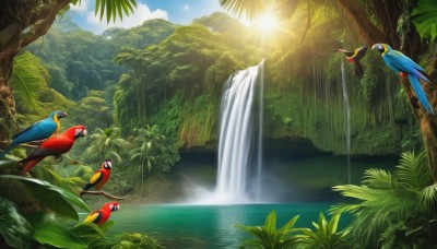 outdoors,sky,day,cloud,water,tree,no humans,bird,animal,leaf,sunlight,plant,nature,scenery,forest,flying,light rays,mountain,sun,sunbeam,waterfall,parrot,blue sky,pokemon (creature),landscape