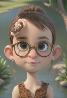 1girl,solo,looking at viewer,smile,short hair,brown hair,bare shoulders,brown eyes,jewelry,closed mouth,upper body,braid,earrings,outdoors,glasses,sleeveless,hair bun,blurry,tree,lips,depth of field,blurry background,single hair bun,thick eyebrows,child,portrait,freckles,round eyewear,brown-framed eyewear,water,black eyes,branch