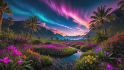 flower, outdoors, sky, cloud, water, tree, no humans, night, grass, plant, star (sky), nature, night sky, scenery, starry sky, reflection, sunset, mountain, palm tree, purple flower, shooting star