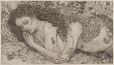 1girl,solo,long hair,navel,monochrome,closed eyes,greyscale,nude,lying,lips,eyelashes,tattoo,leaf,on side,traditional media,sleeping,curly hair,flower,plant,graphite (medium),vines