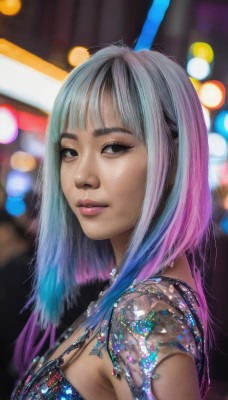 1girl,solo,long hair,breasts,looking at viewer,smile,bangs,brown eyes,jewelry,medium breasts,closed mouth,blue hair,upper body,pink hair,purple hair,grey hair,multicolored hair,blurry,black eyes,from side,two-tone hair,lips,looking to the side,sideboob,gradient hair,makeup,depth of field,blurry background,realistic,nose,blunt bangs,necklace,eyelashes,tattoo,bokeh