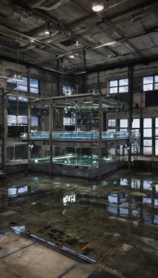 indoors,no humans,window,sunlight,scenery,reflection,science fiction,sign,door,puddle,ceiling,hallway,ceiling light,train station,railroad tracks,solo,water