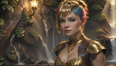 1girl,solo,breasts,looking at viewer,smile,short hair,bangs,blue eyes,blonde hair,cleavage,jewelry,medium breasts,blue hair,upper body,pink hair,multicolored hair,earrings,outdoors,parted lips,water,armor,two-tone hair,tree,lips,streaked hair,wet,eyelashes,makeup,leaf,plant,shoulder armor,pauldrons,lantern,rock,realistic,nose,fantasy,lamp,shoulder pads,waterfall,cave,moss,gorget,teeth,necklace,watermark,freckles