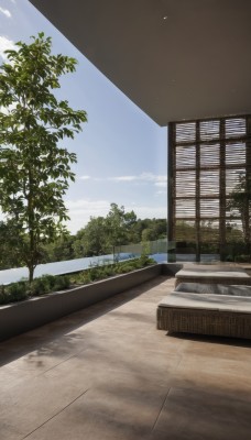 outdoors,sky,day,cloud,indoors,water,tree,blue sky,no humans,window,shadow,sunlight,grass,plant,building,nature,scenery,wooden floor,road,bush,cloudy sky,forest,blinds