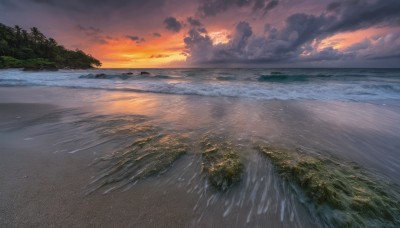 outdoors,sky,cloud,water,tree,dutch angle,no humans,ocean,beach,cloudy sky,grass,nature,scenery,sunset,sand,horizon,road,river,waves,evening,landscape,shore,orange sky,forest