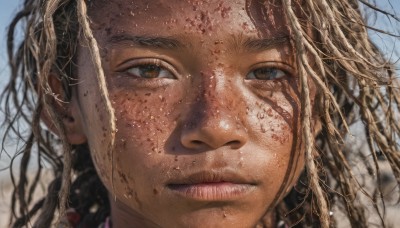 1girl,solo,long hair,looking at viewer,brown hair,black hair,brown eyes,closed mouth,outdoors,parted lips,day,blurry,lips,blood,blurry background,portrait,close-up,freckles,realistic,nose,dirty,braid,sky,tree,blue sky,depth of field,messy hair,blood on face,dirty face