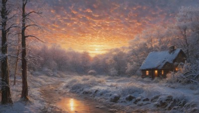 outdoors,sky,cloud,water,tree,no humans,window,cloudy sky,building,nature,scenery,snow,forest,reflection,sunset,lantern,snowing,mountain,sun,house,winter,bare tree,evening,landscape,orange sky,grass,ice,rock,river