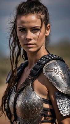 1girl,solo,long hair,breasts,looking at viewer,brown hair,black hair,brown eyes,jewelry,closed mouth,upper body,ponytail,earrings,dark skin,armor,blurry,dark-skinned female,lips,blurry background,shoulder armor,freckles,pauldrons,breastplate,realistic,dirty,messy hair,dirty face