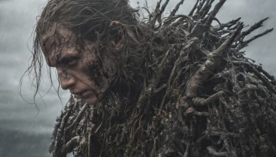 solo,long hair,blue eyes,brown hair,black hair,1boy,closed mouth,upper body,male focus,outdoors,sky,cloud,armor,from side,blood,profile,facial hair,cloudy sky,shoulder armor,portrait,rain,pauldrons,realistic,arrow (projectile),grey sky,scar,messy hair,science fiction