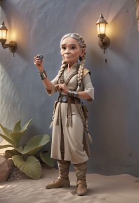 1girl,solo,long hair,smile,blue eyes,blonde hair,holding,jewelry,very long hair,closed mouth,standing,full body,braid,white hair,boots,pointy ears,necklace,twin braids,bracelet,brown footwear,ring,plant,child,pouch,lantern,rock,lamp,old,old woman,short sleeves,outdoors,belt,lips,leaf,watermark,thick eyebrows,gem,robe,realistic,nose,brown belt,belt pouch,tunic,wrinkled skin