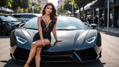 1girl,solo,long hair,breasts,looking at viewer,smile,large breasts,brown hair,black hair,dress,cleavage,bare shoulders,brown eyes,jewelry,medium breasts,sitting,collarbone,earrings,outdoors,parted lips,sleeveless,solo focus,day,necklace,nail polish,black footwear,blurry,black dress,high heels,lips,makeup,sleeveless dress,depth of field,blurry background,arm support,ring,crossed legs,ground vehicle,motor vehicle,hoop earrings,realistic,car,vehicle focus,plunging neckline,sports car,multiple boys,mole,short dress,lipstick,mole under mouth,nose,anklet,people