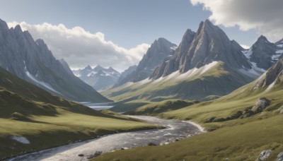 outdoors,sky,day,cloud,water,blue sky,no humans,cloudy sky,grass,nature,scenery,rock,mountain,river,landscape,mountainous horizon,tree,road