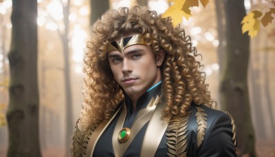 solo,long hair,looking at viewer,smile,blonde hair,brown hair,1boy,brown eyes,jewelry,upper body,male focus,outdoors,blurry,tree,lips,blurry background,leaf,gem,portrait,nature,curly hair,circlet,realistic,nose,big hair,blue eyes,closed mouth,day,mole,sunlight