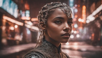 1girl,solo,long hair,looking at viewer,hair ornament,brown eyes,jewelry,braid,earrings,parted lips,dark skin,blurry,black eyes,dark-skinned female,lips,depth of field,blurry background,portrait,realistic,nose,night,bokeh