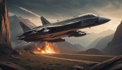 outdoors,sky,cloud,signature,military,no humans,cloudy sky,fire,scenery,flying,science fiction,mountain,realistic,aircraft,military vehicle,airplane,vehicle focus,contrail,spacecraft,jet,missile,fighter jet,smoke,explosion,pilot