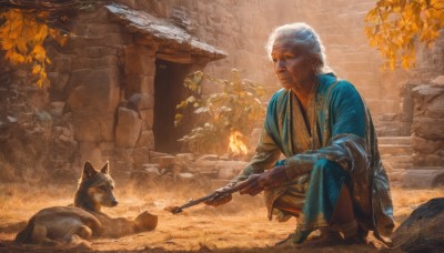 solo,blue eyes,long sleeves,1boy,holding,jewelry,closed mouth,weapon,white hair,grey hair,male focus,earrings,outdoors,japanese clothes,holding weapon,tree,gun,facial hair,animal,leaf,squatting,fire,holding gun,beard,dog,rock,stairs,old,old man,old woman,stone floor,stone wall,1girl,short hair,gloves,sitting,boots,pants,necklace,rifle,wolf