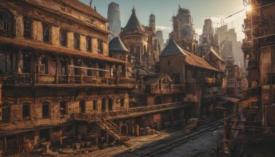 outdoors,sky,day,cloud,water,no humans,window,building,scenery,stairs,city,fantasy,railing,road,cityscape,watercraft,architecture,bridge,lamppost,tower,boat,arch,signature,sunlight,sign,barrel,industrial pipe,chimney