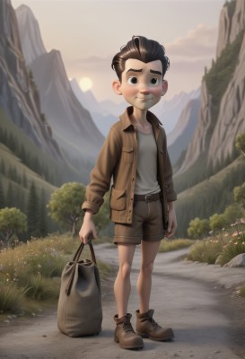 solo,looking at viewer,blush,short hair,brown hair,shirt,black hair,long sleeves,1boy,holding,brown eyes,closed mouth,standing,jacket,full body,white shirt,flower,male focus,boots,outdoors,open clothes,sky,shorts,belt,cloud,bag,open jacket,tree,brown footwear,grass,child,nature,brown jacket,mountain,holding bag,male child,brown shorts,mountainous horizon,smile,scenery,sunset,bush,path