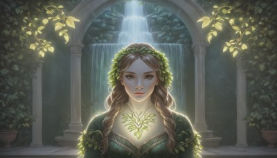 1girl,solo,long hair,breasts,looking at viewer,smile,brown hair,dress,cleavage,brown eyes,closed mouth,upper body,braid,water,twin braids,lips,makeup,leaf,sunlight,plant,lipstick,hair over shoulder,green dress,nose,red lips,vines,pillar,waterfall,arch,column,fountain,ivy,medium breasts,collarbone,outdoors,backlighting,head wreath