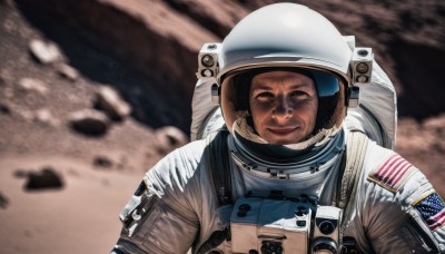 solo,looking at viewer,smile,1boy,closed mouth,upper body,male focus,blurry,black eyes,blurry background,helmet,science fiction,realistic,space,planet,earth (planet),american flag,spacesuit,japanese flag,space helmet,united states,astronaut,flag,flag print,debris,american flag print