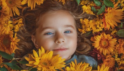 1girl,solo,long hair,looking at viewer,blue eyes,blonde hair,brown hair,closed mouth,flower,lying,on back,lips,leaf,portrait,realistic,yellow flower,sunflower,expressionless