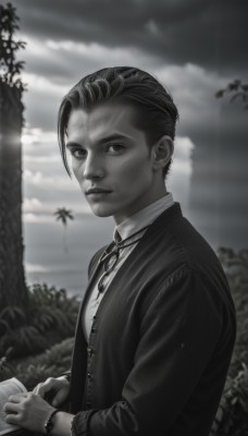 solo,looking at viewer,short hair,shirt,long sleeves,1boy,holding,jewelry,sitting,closed mouth,jacket,monochrome,upper body,greyscale,male focus,earrings,outdoors,necktie,sky,collared shirt,artist name,cloud,signature,blurry,bracelet,from side,tree,book,buttons,blurry background,formal,cloudy sky,suit,web address,freckles,holding book,watch,open book,realistic,nose,palm tree,wristwatch,vest,lips,ring,bush