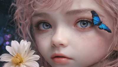 1girl, solo, looking at viewer, blue eyes, pink hair, flower, parted lips, lips, eyelashes, bug, white flower, butterfly, portrait, close-up, freckles, realistic, nose, blue butterfly