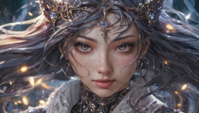 1girl,solo,long hair,looking at viewer,black hair,hair ornament,brown eyes,jewelry,closed mouth,earrings,blurry,lips,grey eyes,eyelashes,makeup,floating hair,depth of field,blurry background,tiara,wind,gem,portrait,light particles,close-up,freckles,circlet,realistic,straight-on,bangs,shiny,artist name,nose,red lips,gold,head chain