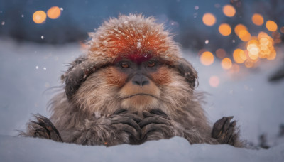 solo, looking at viewer, closed mouth, outdoors, blurry, no humans, depth of field, blurry background, animal, snow, snowing, animal focus