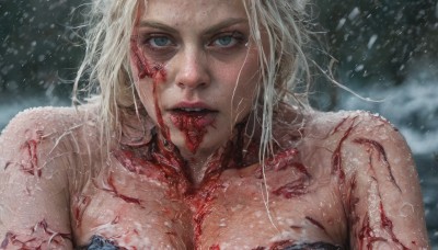 1girl,solo,long hair,breasts,looking at viewer,blue eyes,blonde hair,cleavage,bare shoulders,medium breasts,upper body,tongue,tongue out,lips,blood,snow,veins,injury,blood on face,snowing,realistic,blood on clothes,guro,short hair,open mouth,collarbone,parted lips,teeth,blurry,torn clothes,makeup,blurry background,close-up,nose