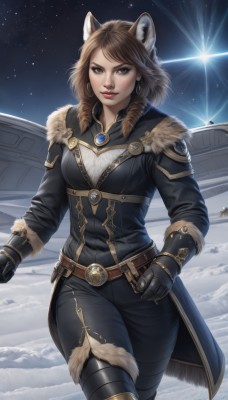 1girl,solo,long hair,breasts,looking at viewer,smile,brown hair,gloves,long sleeves,animal ears,brown eyes,jewelry,medium breasts,cowboy shot,earrings,boots,outdoors,sky,black gloves,belt,pants,artist name,medium hair,armor,mole,lips,coat,hand on hip,fur trim,makeup,night,drill hair,black pants,lipstick,gauntlets,star (sky),snow,starry sky,snowing,winter clothes,red lips,space,raccoon ears,leather,lion ears,fur boots,bangs,standing,wolf ears,dog ears,night sky,backlighting