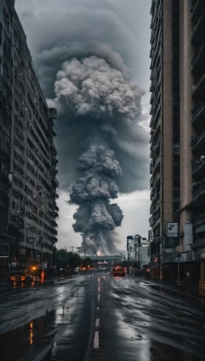 outdoors,sky,cloud,water,no humans,cloudy sky,ground vehicle,building,scenery,motor vehicle,smoke,reflection,monster,city,car,road,cityscape,street,skyscraper,fire,rain,sign,lamppost,grey sky,traffic light,crosswalk,real world location