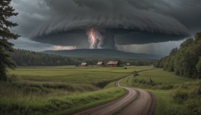 outdoors,sky,day,cloud,tree,no humans,cloudy sky,grass,fire,ground vehicle,building,nature,scenery,forest,smoke,mountain,road,house,landscape,bush,field,path