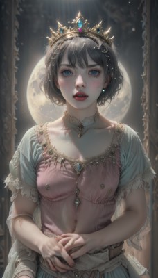 1girl,solo,breasts,looking at viewer,blush,short hair,open mouth,bangs,blue eyes,black hair,dress,jewelry,medium breasts,collarbone,upper body,short sleeves,earrings,small breasts,parted lips,teeth,choker,belt,artist name,necklace,blurry,lips,fingernails,eyelashes,makeup,night,blue dress,moon,ring,own hands together,tiara,crown,lipstick,gem,pink dress,full moon,realistic,nose,red lips,moonlight,princess,brown hair,see-through,lace trim,lace,light particles,backlighting,freckles,mirror,straight-on,blue gemstone,red gemstone