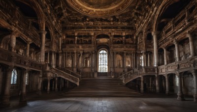 indoors,dutch angle,no humans,window,sunlight,scenery,light rays,stairs,railing,light,architecture,pillar,hallway,church,arch,column,vanishing point,day,door,tile floor,bridge,ceiling,stone floor