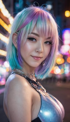 1girl,solo,breasts,looking at viewer,smile,short hair,bangs,dress,cleavage,bare shoulders,jewelry,medium breasts,closed mouth,blue hair,upper body,pink hair,purple hair,multicolored hair,earrings,necklace,blurry,black eyes,from side,two-tone hair,lips,looking to the side,eyelashes,aqua hair,gradient hair,makeup,depth of field,blurry background,blue dress,freckles,realistic,nose,bokeh,sleeveless,artist name,streaked hair,night,watermark,lipstick,pink lips,mascara